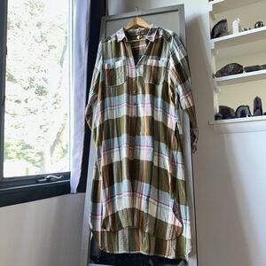 Pilcro‎ Shirt Tunic Top Dress M Green Plaid Long High Low Hem Longline Pockets